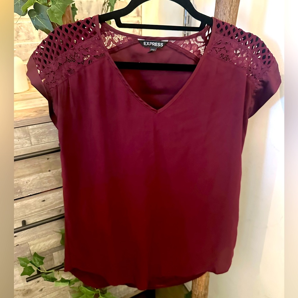Maroon silk short sleeve blouse with lace detail
